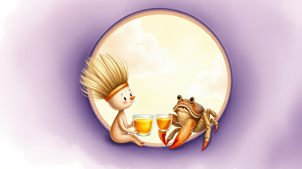 A small paintbrush and an elderly hermit crab sit side by side at the round window of a purple conch, each holding a tiny cup of tea, clouds drifting slowly past the glass far below them in the quiet evening light.