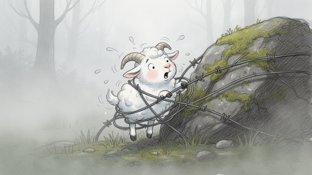 A small trembling cloud-goat is tangled in loose wire behind a mossy rock, bleating softly in the fog.