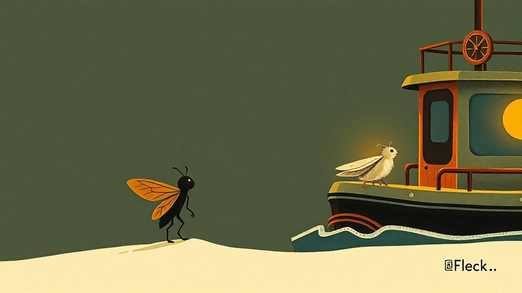 A moth stepping off the ferry onto a pale shore at dawn while a firefly watches from the front of the boat, glowing twice — two small warm lights on the dark water.