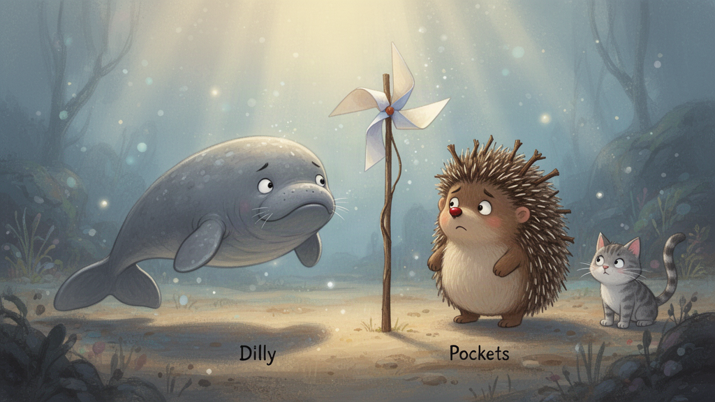 A dugong and hedgehog looking worriedly at a bare pinwheel stick with no paper on it, a small gray cat watching nearby.