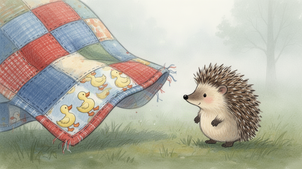 The patchwork quilt flaps along the grass to greet the hedgehog, its crooked colorful squares bright against the mist.