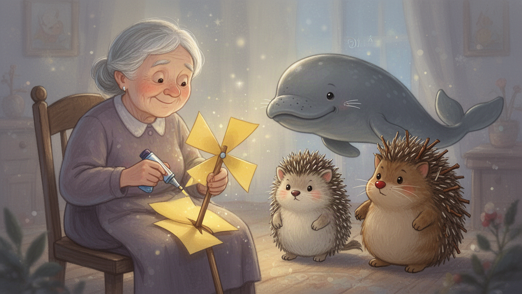 An old woman gluing yellow paper onto a wooden pinwheel stick on her lap while a dugong, hedgehog, and cat watch closely.