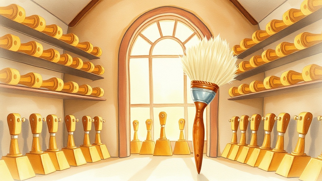 A cosy room inside the clocktower lined with dozens of tiny golden hammers tapping away on their own in neat rows, the air filled with a soft rhythmic sound, while a small paintbrush stands in the doorway with her bristles tilted as if listening.