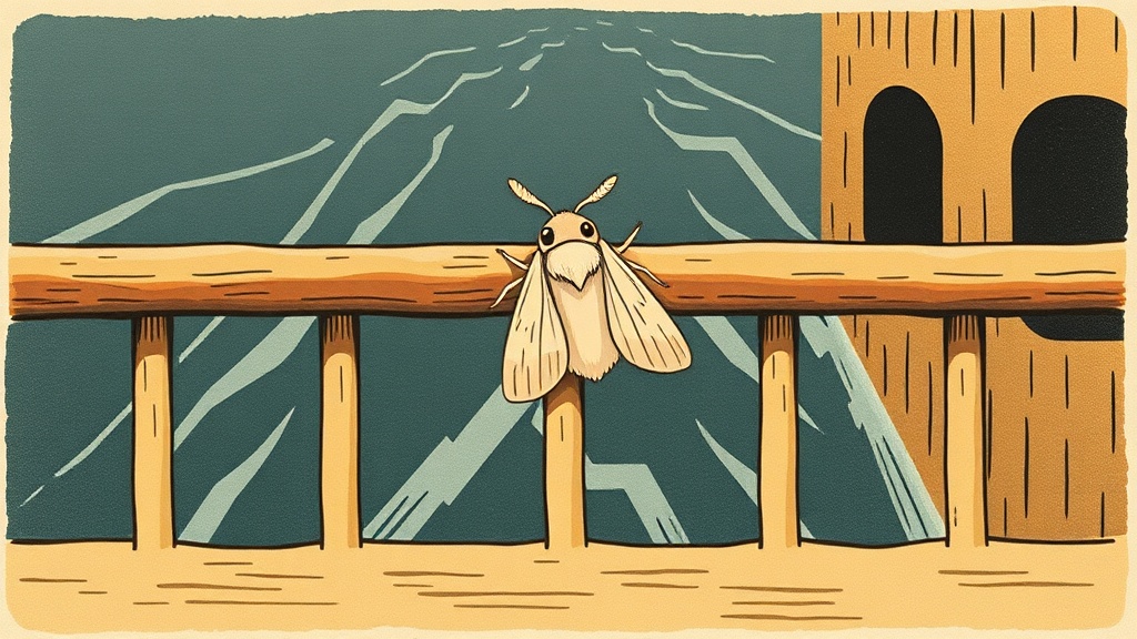 A small moth with folded wings clinging very still to a wooden rail in the middle of the ferry deck, the dark water visible on both sides, the ferry moving gently beneath her.