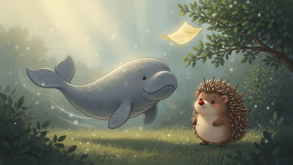 A dugong swishing her tail to nudge a hedge branch, with a scrap of yellow paper caught high up fluttering loose.