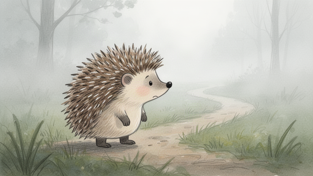A cautious little hedgehog with fanned-out spines stands at the edge of a foggy grassy path, peering ahead nervously.