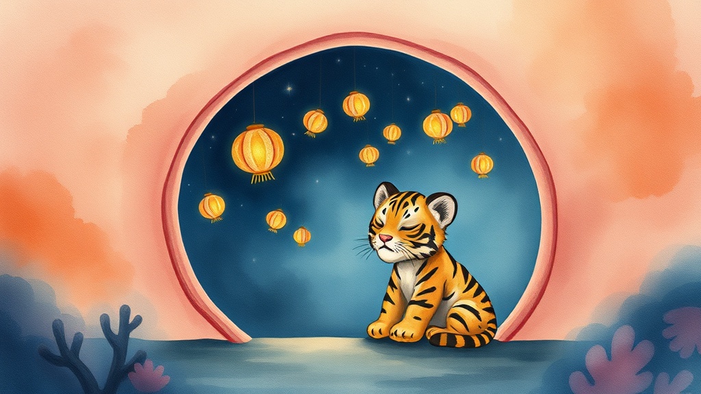 A small tiger cub sits just inside a large rosy scallop-shell door, his eyes closed, humming quietly while outside the lantern-fish glow softly above the darkened reef village.