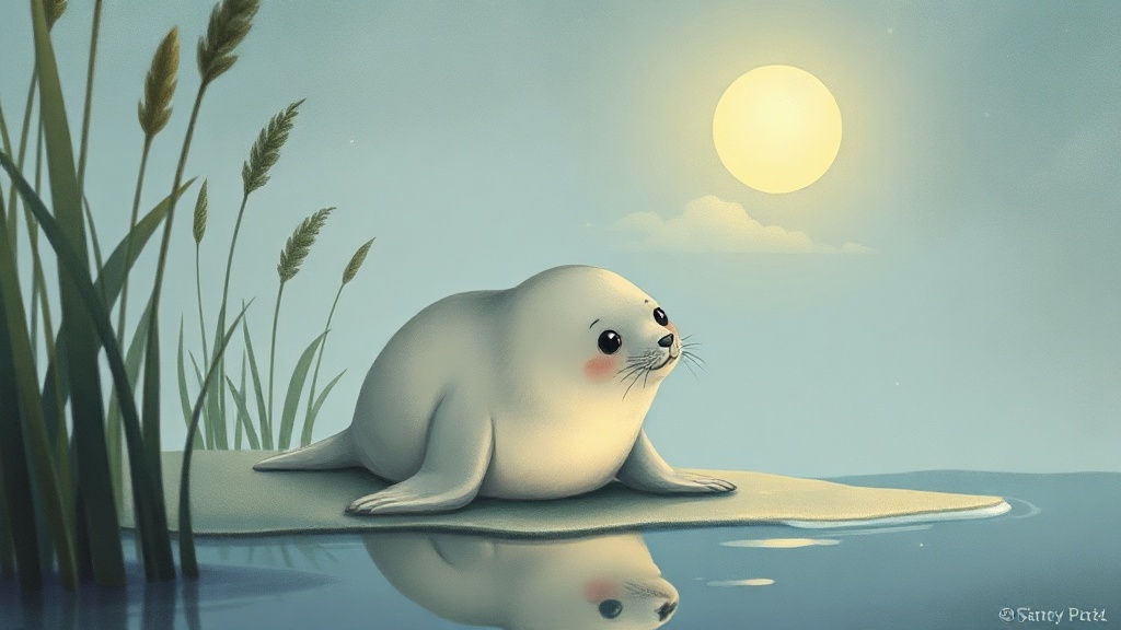 A small seal pup sits at the edge of still moonlit water among tall reeds, gently patting the damp sand with one flipper, his silver fur catching the moonlight.