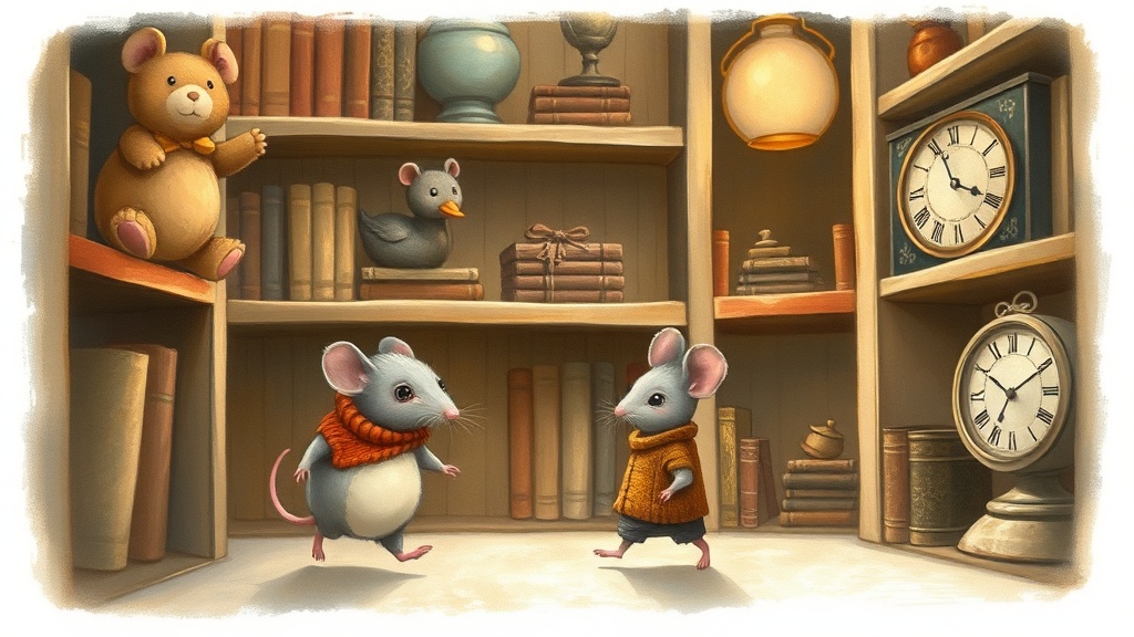 Two tiny mice tiptoe single-file between tall shelves crowded with a floppy-eared bear, a wheel-less duck, and a round old clock, the shelves casting long soft shadows in the warm lamp-light.