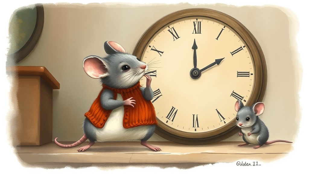 A very small mouse stands on tiptoe directly in front of a large round clock on a low shelf, his paws clasped together, looking up at it earnestly while his sister watches from just behind him.