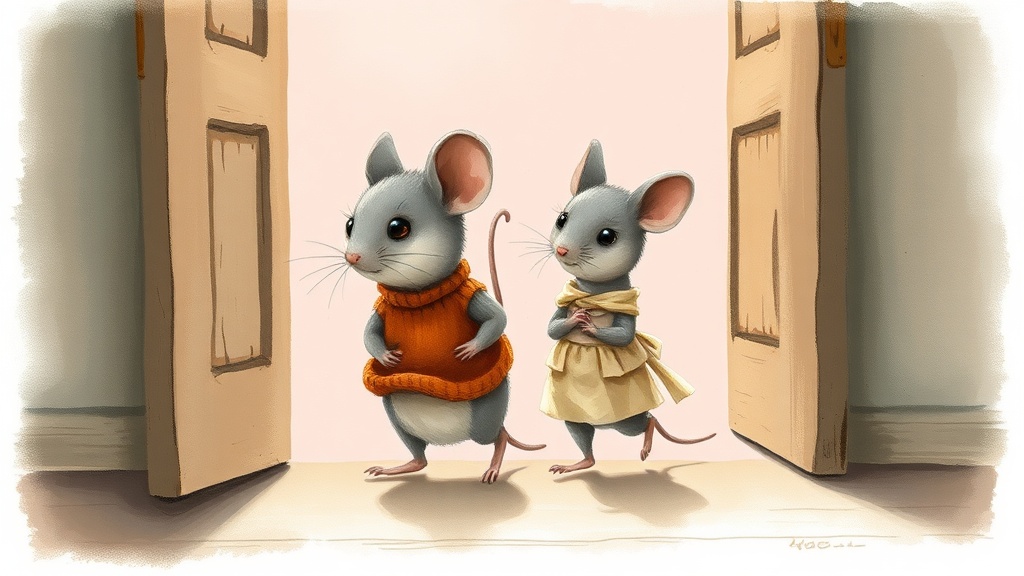 Two small mice walk side by side through an open doorway into a pale pink morning sky, their tiny shadows long behind them on the workshop floor.