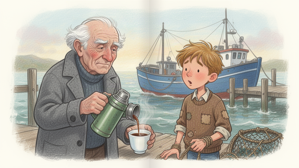 The old man tips the last warm cocoa into the cup as the boy exhales in relief, an old blue fishing boat knocking gently against the pier behind them.