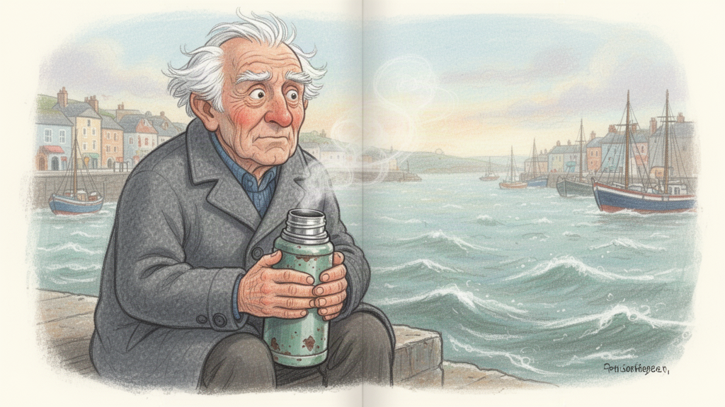 The dented thermos rests against the old man's knee as wind ripples the harbour water, steam curling faintly from its open lid.