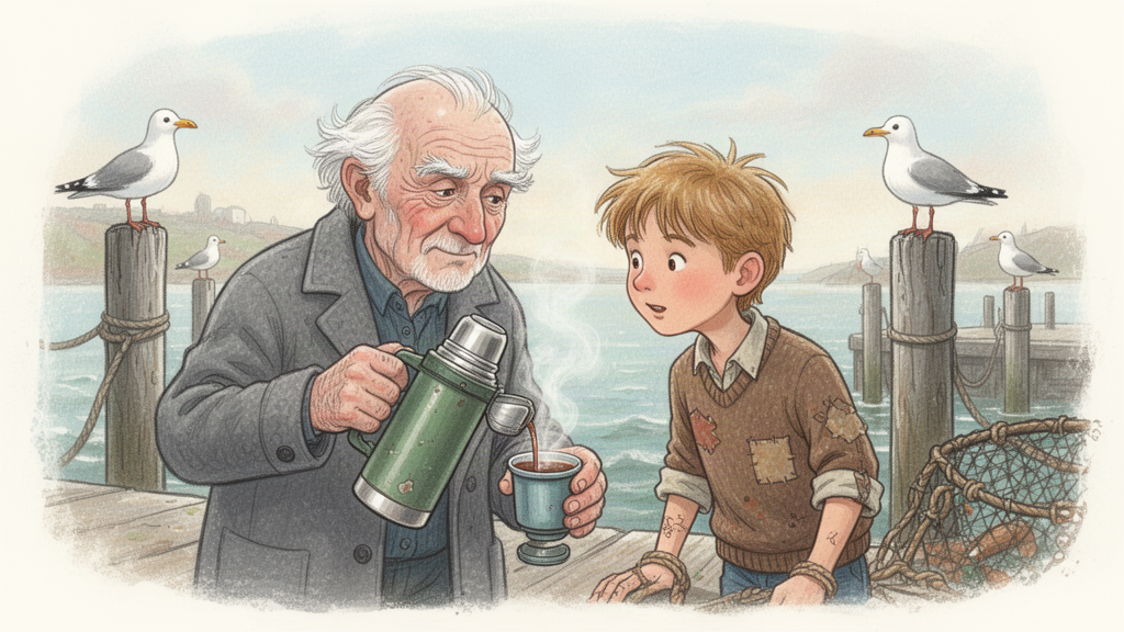 The old man pours steaming cocoa from the thermos into its cup-lid while the boy leans in close to listen, gulls perched on the mooring posts nearby.