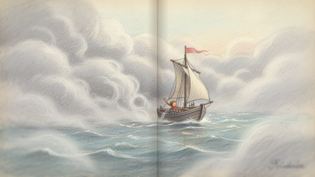 A tiny brave figure at the helm of a small boat sails into a thick rolling fog bank on the open water.