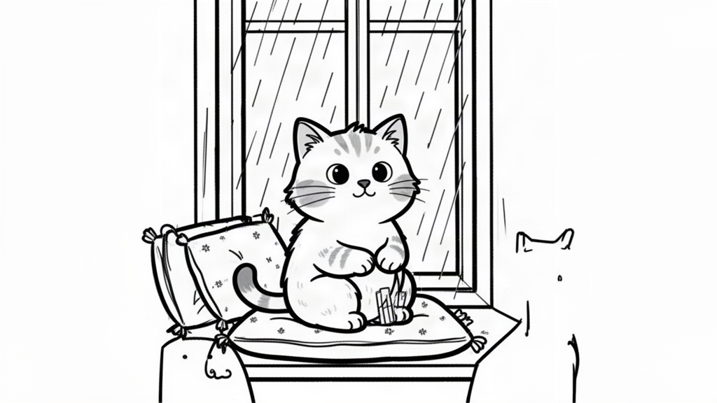 A cat sitting on a cushioned window seat while rain streaks the tall window.