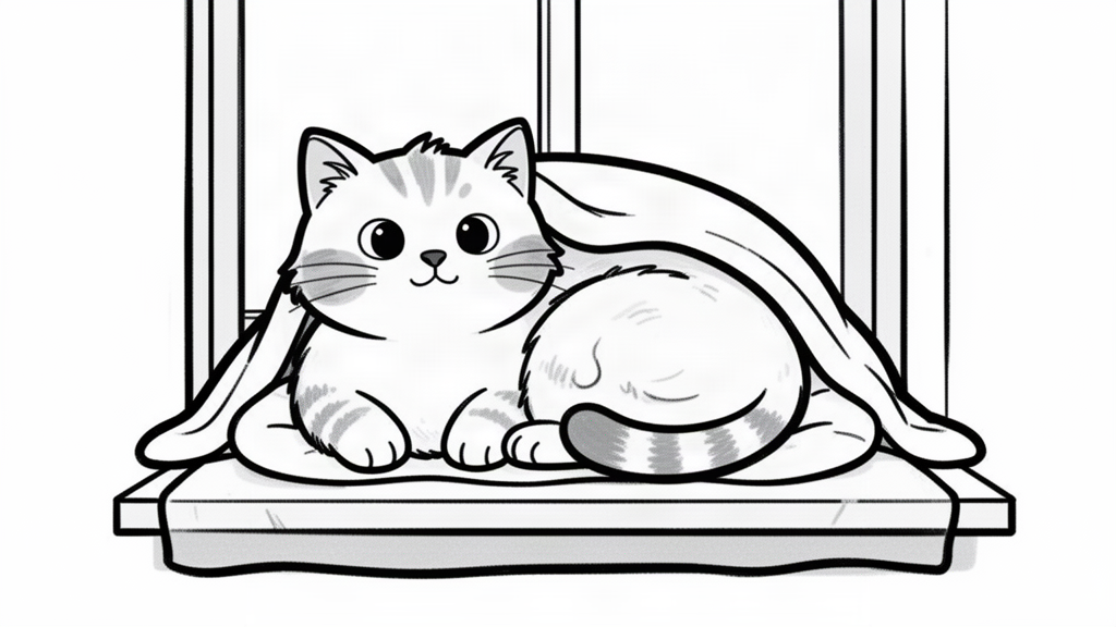 A cat asleep in a round curl under a blanket on the window seat.