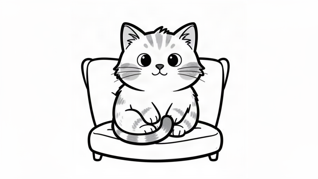 A cat curling her tail neatly around her tucked front paws on the cushion.