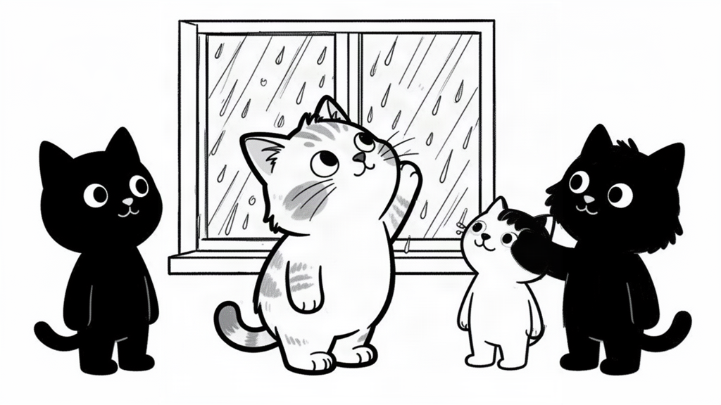 A cat lifting her head toward the rain-streaked window glass.