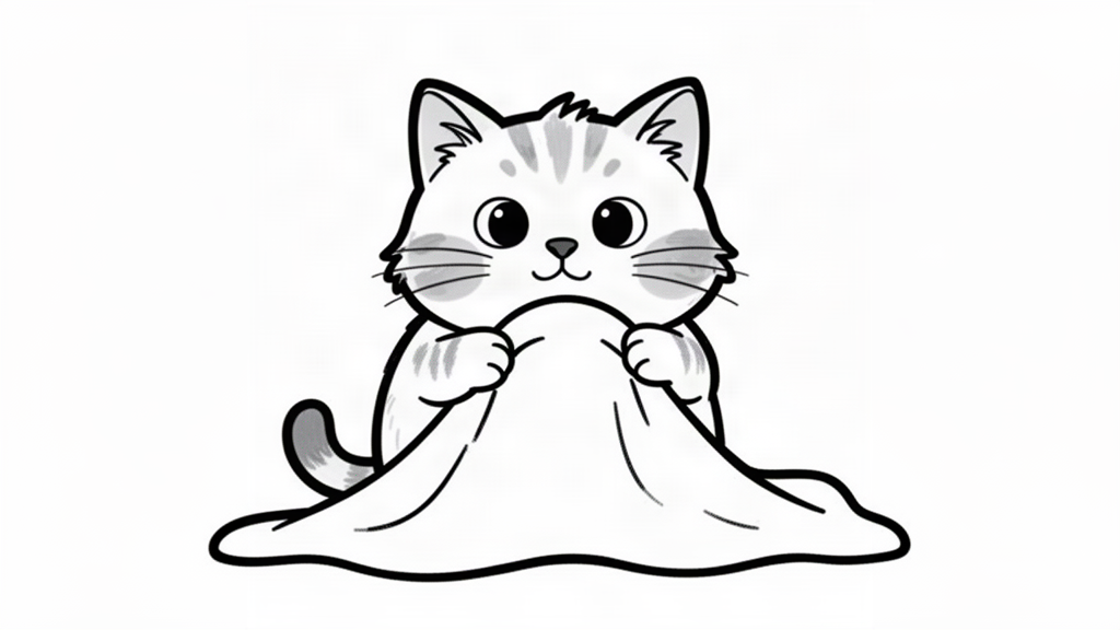 A cat pulling a soft blanket up under her chin with both paws.