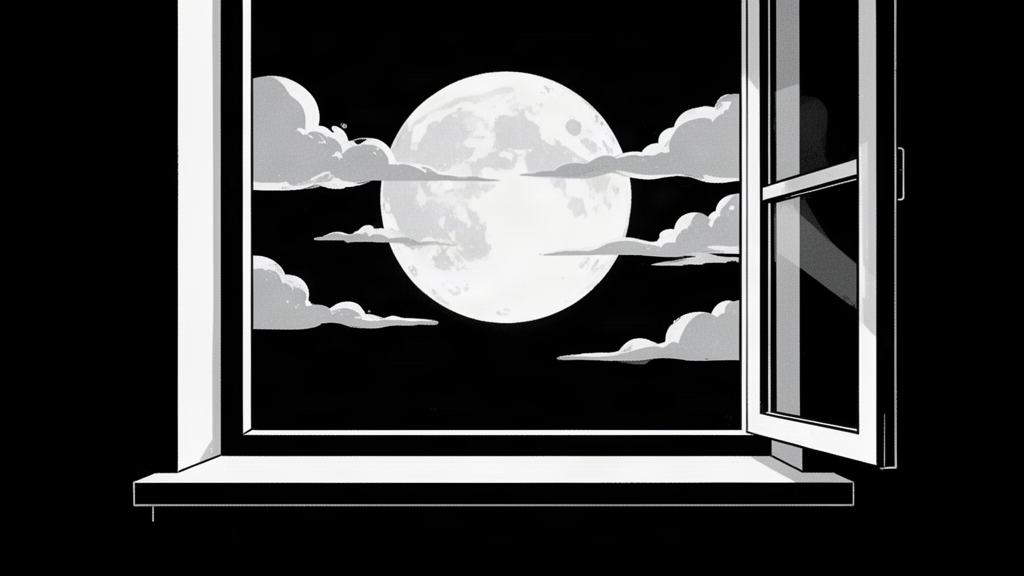 The moon behind thin clouds beyond a window, lighting an empty ledge.
