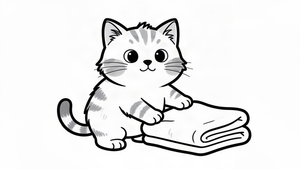 A cat patting a folded blanket beside her with one lifted paw.
